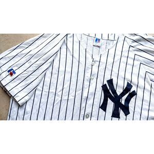 New York Yankees 90s RUSSELL jersey T-shirt "XL" white pinstripe MLB vintage
